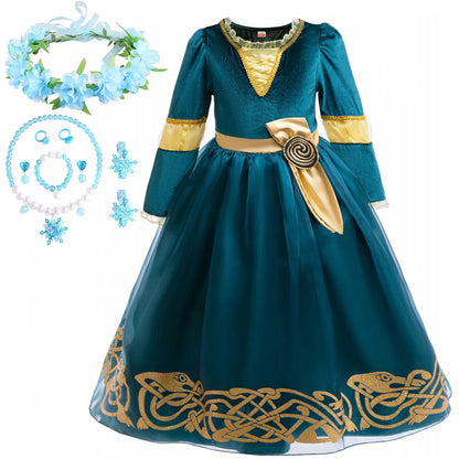 Girl Cosplay Brave the Heart Princess Merida Long Sleeves Dress Belt Set Holiday Party Carnival Party Stage Outfits Dress
