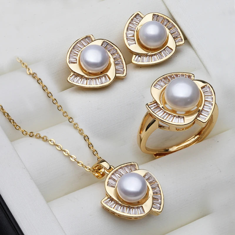 Real Natural Freshwater Pearl Necklace Earrings Set Woman,Luxury Pearl Pearl Stud Earrings Set Jewelry Wife Birthday Gift White