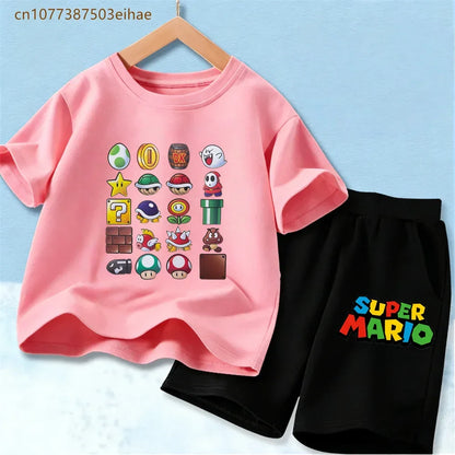 Summer Casual Kids Clothing Set Mario Cartoon Print Pure Cotton Short Sleeve Tee And Shorts 2PCS Wear For Boys Girls