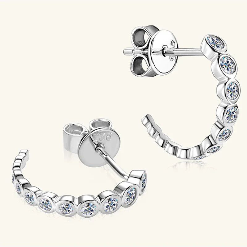 C Shape 0.38cttw Full Moissanite Stud Earrings for Women Ear Fine Jewelry S925 Silver Plated 18K All Diamond Bezel Earring