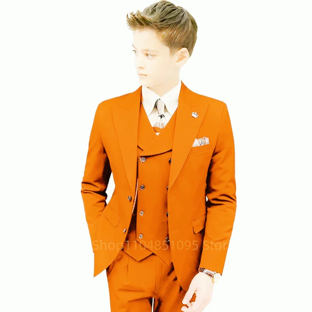 3 Piece Slim Fit Boy Fashion Suits Cutsom Flower Boy Wedding Tuxedo Prom Wedding Peak Lapel Jacket Vest Pants Set Children Suit