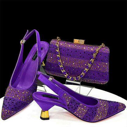 Elegant High Heels Shoes and Bag Set for Women Pointed Toe Black Color Hollow Rhinestones Matching Bag