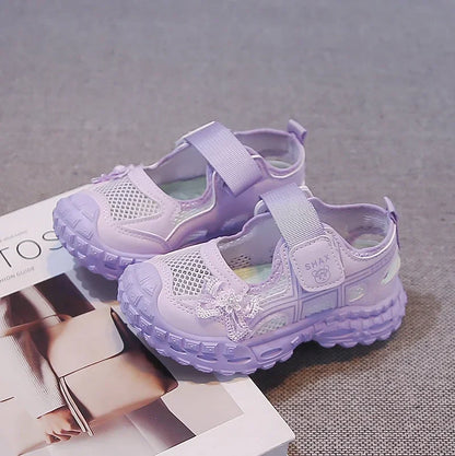 2026 summer new girls' bow mesh toe sandals soft and casual beach sandals children's outdoor walking non slip flat shoes