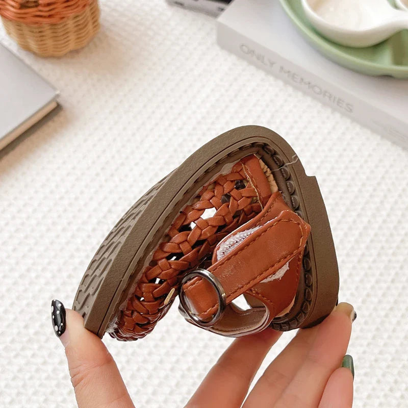 Kids Summer Casual Sandals Sweet Bow Girls Woven Flat Shoes Non-slip Children's Hollow-out Beach Sandals for School Daily Wear