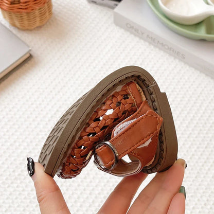 Kids Summer Casual Sandals Sweet Bow Girls Woven Flat Shoes Non-slip Children's Hollow-out Beach Sandals for School Daily Wear
