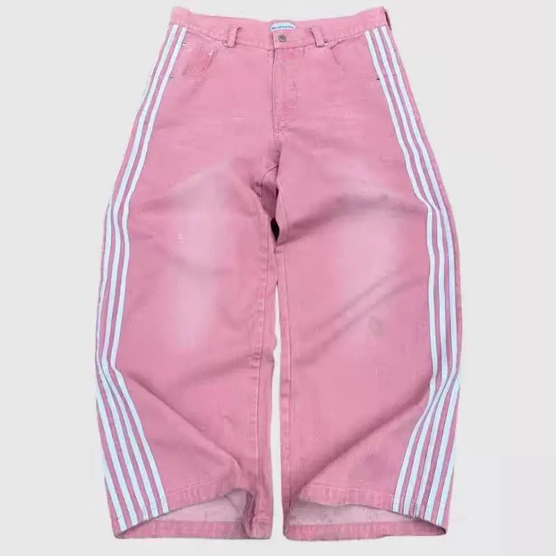 American Harajuku Style Baggy Jeans Y2K Streetwear Striped Denim Pant Men Women Casual Wide Leg Trousers Trendy High Street Pant