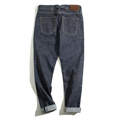 Vintage 14oz Selvedge Raw Denim Jeans Horsehair Leather Patch Straight Fit Jeans Men's Spring and fall Paris Buckle Pants