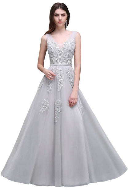 A-line V-neck Tulle Sleeveless Zipper Up Long Prom Applique V Neck Evening Gowns Formal Elegant And Pretty Women's Dresses