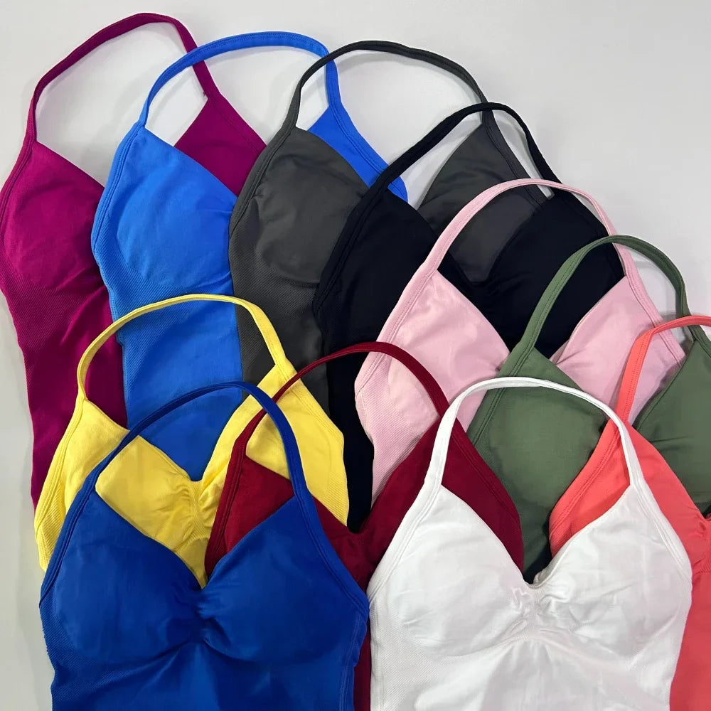No Logo 2 Pieces Sports Set Workout Clothes Shorts Sets Gym Strappy Top Scrunch Shorts Yoga Clothing Gym Set