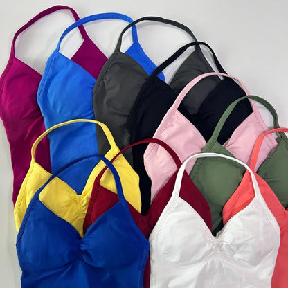 No Logo 2 Pieces Sports Set Workout Clothes Shorts Sets Gym Strappy Top Scrunch Shorts Yoga Clothing Gym Set