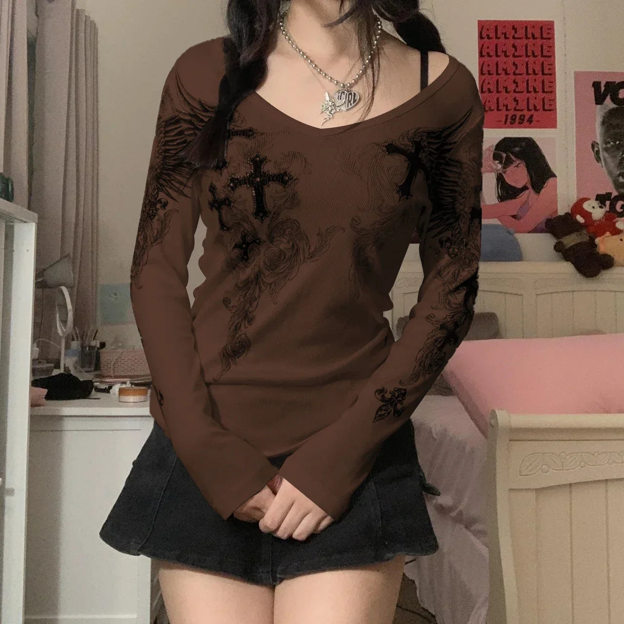 Y2k Graphic Cross Wings Print Long Sleeve Women Grunge Fairy T-shirt Harajuku Tee 2000s Aesthetic Punk Style Clothes Streetwear