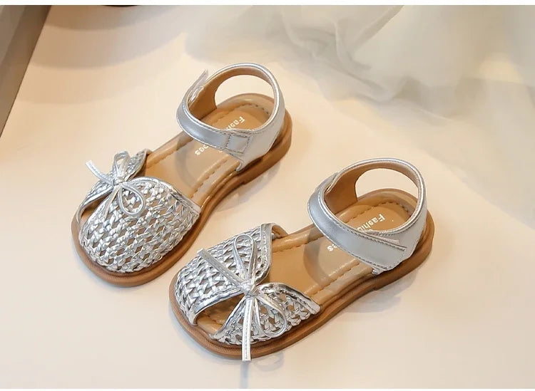 Girls Princess Shoes Weave Breathable Kids Beach Shoes with Simple Bows 2025 Summer New Children Sandals Soild Color Non-slip