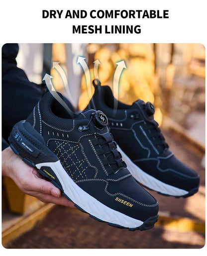 Men's safety shoes with anti - impact steel toes, puncture - resistant Kevlar, and rubber anti - slip soles for industrial work.