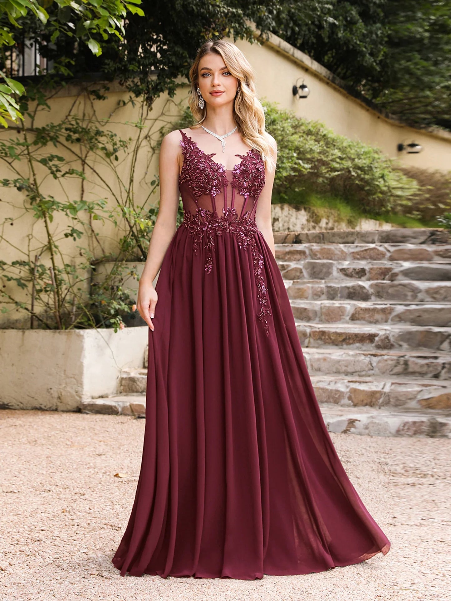 Dusty Pink Sheer Evening Dresses Lace Applique Spaghetti Straps V-Neck Backless Prom Dress Chiffon A-Line 2025 Formal Party Gown