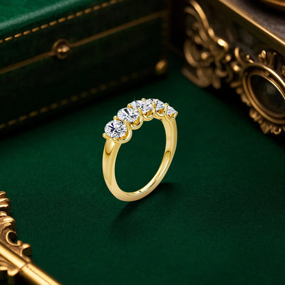 14K Yellow Gold Engagement Ring GRA Certified Moissanite Row Band 5 Stone 1.5ctw 100% Authentic for Women Wedding Jewelry