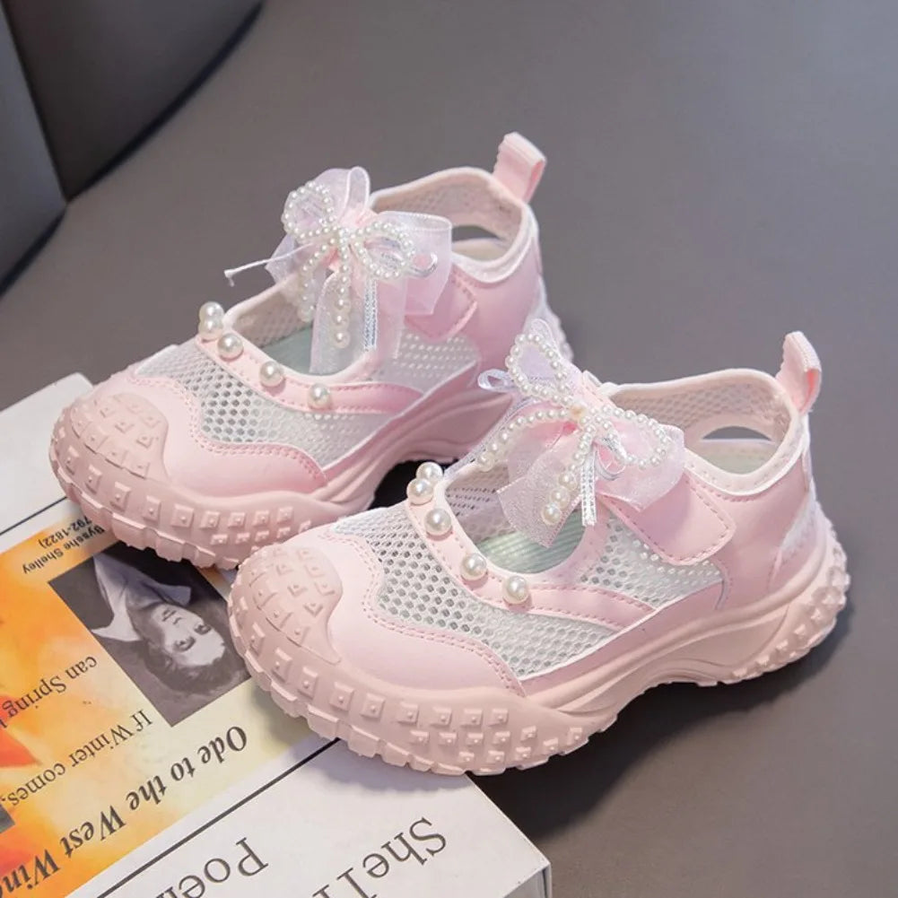 Girls Sports Sandals Sweet Lace Bows Beading Kids Casual Shoes Mesh Breathable Soft 2026 Summer New Children Princess Sandals