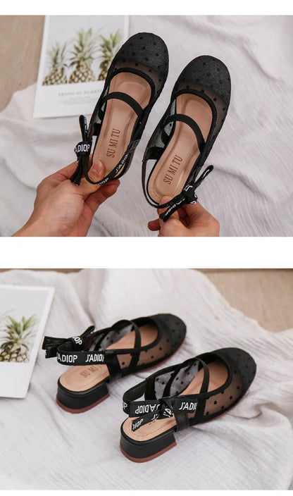 Mesh Black White Polka Dot Shoes Sandals for Girls with Heels Mules Sling Back Shoes for Girls Luxury Shoes for Girls To Dress