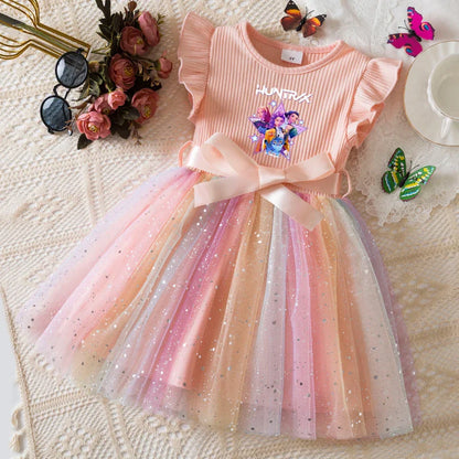 K-Pop Hunters Zoey Mira Rumi Vestido Infantil Menina Lantejoulas Tule Arco-Íris Vestido Doce Princesa para Meninas Presente de Festa