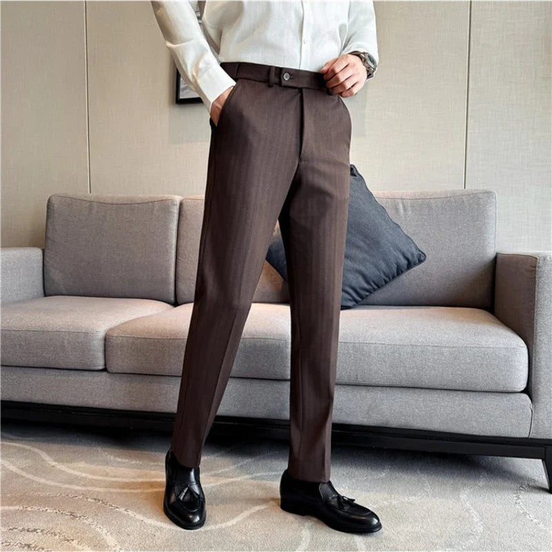 Men's Wool Blend Dress Pants, Elastic Waist Business Trousers, Tapered Slim Fit, Charcoal Gray Black Navy