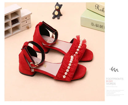 Girls Sandals Summer Shoes Cute Pearls Roman Shoes Pink Black Beading Open-toe Kids Fashion Girls Party Sandals Kids Shoes Chic