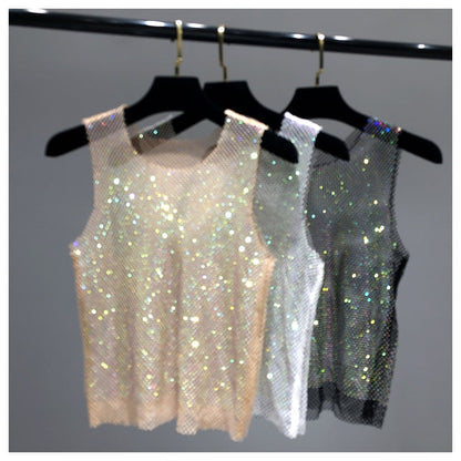 Crystal Beading Shiny Tanks Party Club Sexy Hollow Out Diamonds Stamping Camis Winky Sleeveless Vest
