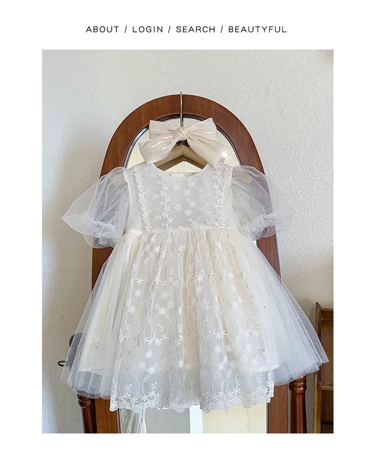 Kid Girl White Short Sleeve Dress Delicate Floral Embroidery Puff Mesh Sleeves and Tulle Overlay Skirt for Children Casual Wear