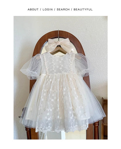 Kid Girl White Short Sleeve Dress Delicate Floral Embroidery Puff Mesh Sleeves and Tulle Overlay Skirt for Children Casual Wear