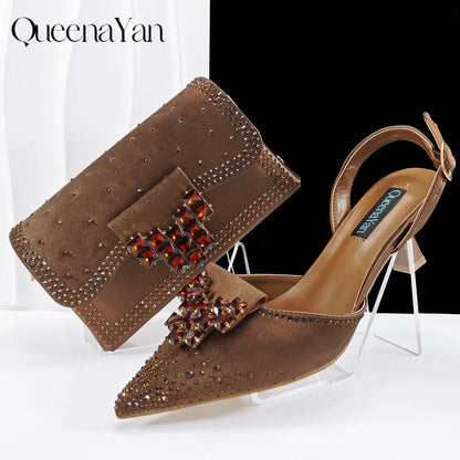 Elegant Green Handbag Medium Heel Shoe Set with Exquisite Handmade Metal Decoration Accents for Wedding & Parties