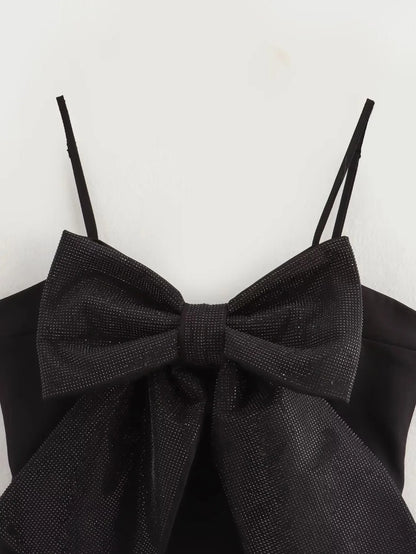 Sequined Bow Women Sling Top Sexy Backless Crop Top Pleated Zippers Female Tank Tops 2025 Spring Lady Streetwear Tops