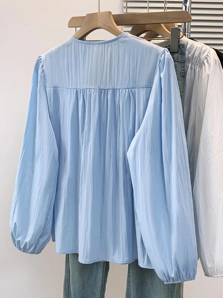 2026 V-neck Long Sleeved Plus Size Shirt Loose Pleated Ruffle Oversized Tops Ladies Chic Elegant Solid Versatile Blouse