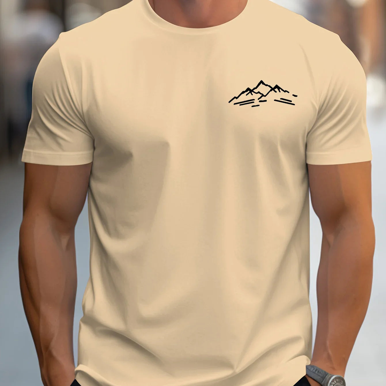 Men's summer 100 cotton fashionable casual sports loose plus size mountain pattern printed round neck short sleeved T-shirt