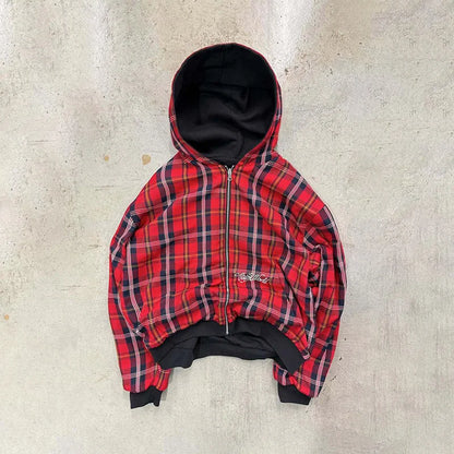 American Retro Reversible Plaid Zipper Hoodie Sweatshirt Mens Womens Casual Plaid Sweatshirt Solid Color Lining Y2K Street Style