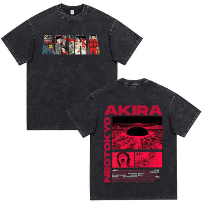 Japanese Anime Akira Washed Vintage T Shirt Science Fiction Cartoon Movie Shotaro Kaneda T-shirt Men Women Cotton Casual T-shirt