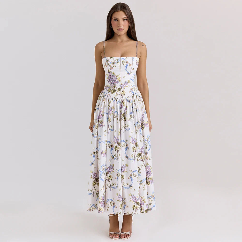 Summer Floral Print Dress Elegant 2025 New Arrivals Spaghetti Strap Flare Dress Maxi Holiday Party Dresses Women