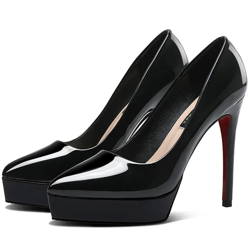 Women Pumps Brand 10CM 12CM Thin High Heels Black PU Slip On Pointed Toe Dress Office Career Party Wedding Waterproof Lady shoes