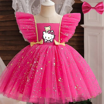 Princess Dress for Girls Sequined Star Ruffle Bow Tutu Gown Baby Formal Gala Prom Gown Kids Evening Party Costume