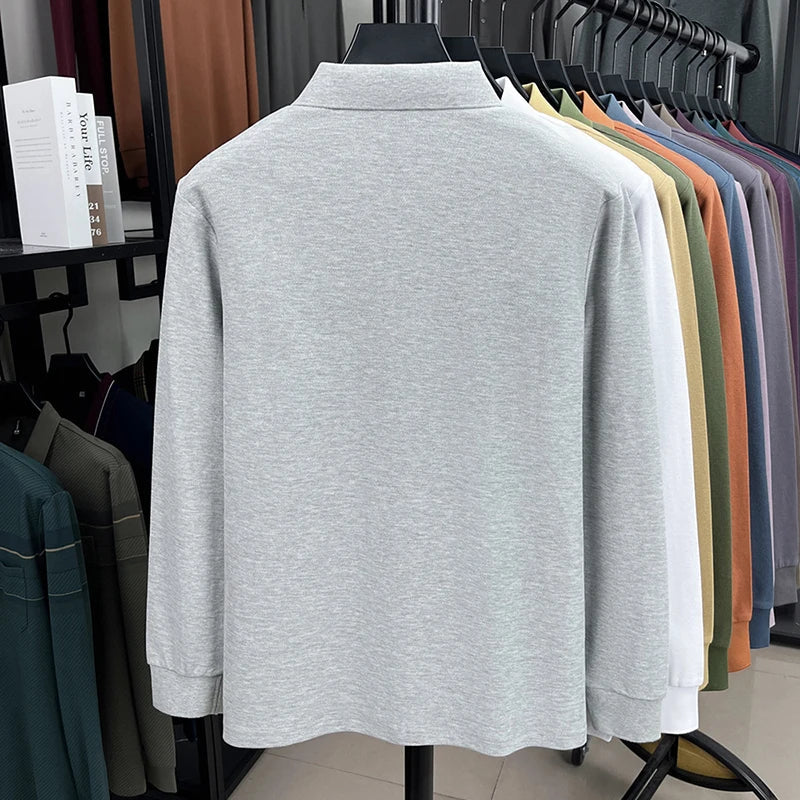 Fashion brand autumn new men's top casual warm 100% cotton long sleeved Polo shirt