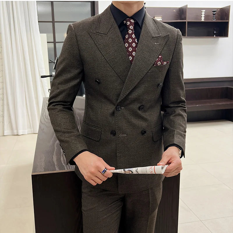 Men Vintage Luxury Double Breasted Slim Fit Lapel Evening Gown ltalian Style Fashion High-end Groom Wedding Party Tuxedo 2 Piece