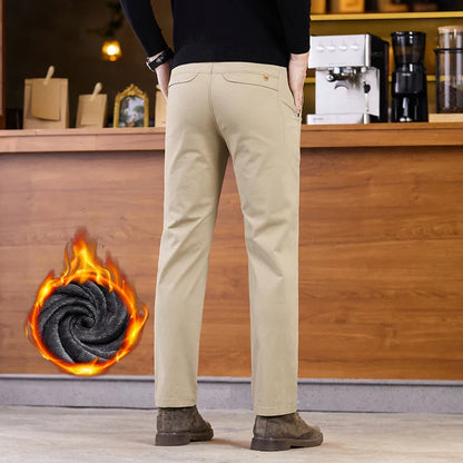 2025 Winter Fleece Pants Men's Pocket Fashion Thickened Cotton Stretch Comfort Plush Straight Business Pants Male