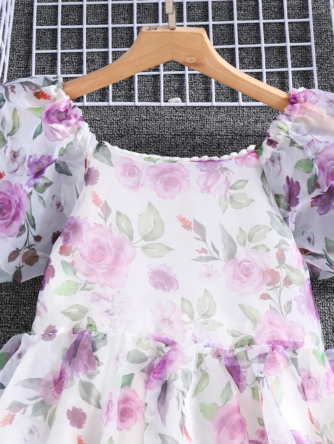 Summer Girl's Cute Square Neck Bubble Sleeve Flower Print Princess Dress Slimming And Ladylike Dress
