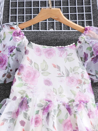 Summer Girl's Cute Square Neck Bubble Sleeve Flower Print Princess Dress Slimming And Ladylike Dress