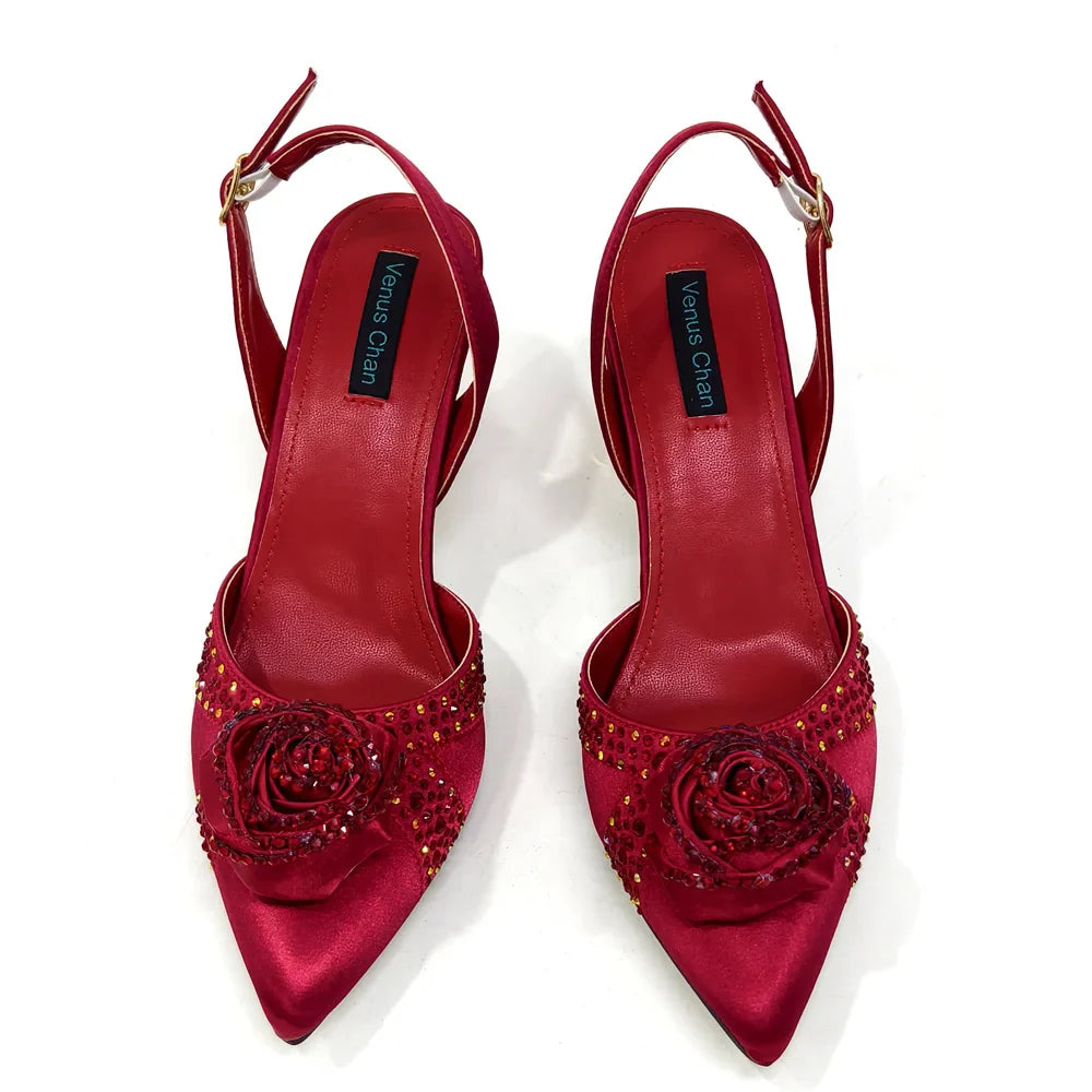 Sparkling Rhinestone Rose Pumps With Medium Heel for Nigerian Women's Party, Pointed Toe Shoes and Matching Bags