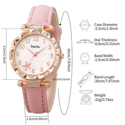 6PCS/Set Fashion Flowers Dial Women's Quartz Watch Leather Band Watches Rhinestone Jewelry Set（Without Box）