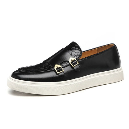 Fashion Men's Casual Shoes Snakeskin Grain Leather Men Retro British Style Loafers Monk Shoes Mens Slip-on Outdoor Driving Flats