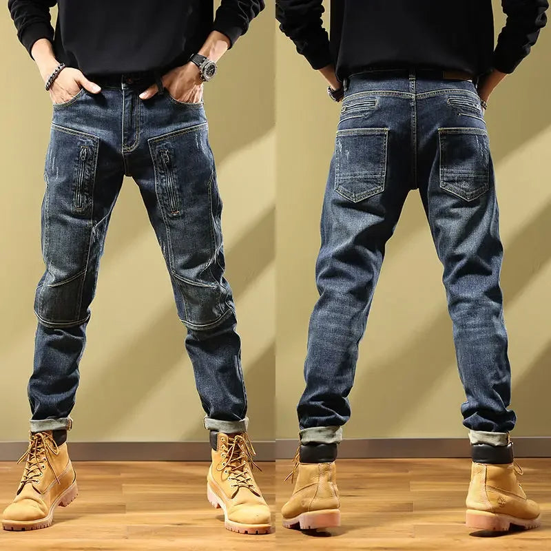 Man Cowboy Pants with Pockets Men's Jeans Motorcycle Tapered Trousers Straight Retro Trend 2025 Classic Stylish Goth Denim Buggy