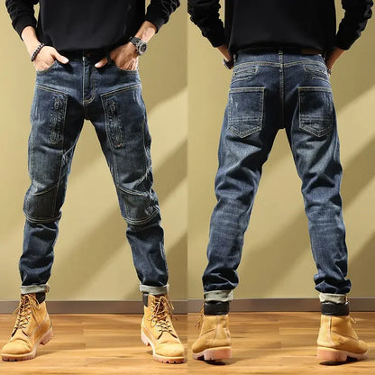 Man Cowboy Pants with Pockets Men's Jeans Motorcycle Tapered Trousers Straight Retro Trend 2025 Classic Stylish Goth Denim Buggy