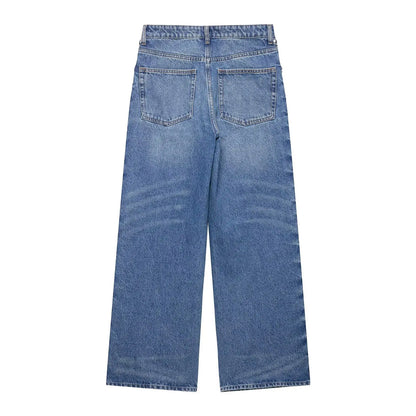 High Waist Embroidered Flares Button Fly Full Length Loose Fit Jeans