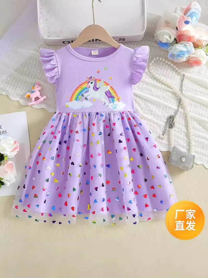 2026 Korean Style Girls Summer Unicorn Print Dress Short Sleeve Tulle Princess Gown Kids Casual Party Clothes for South Korea