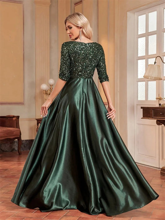 Elegant Short sleeve Sequins Evening Dresses 2025 Women Satin Prom Party Green Prom Floor Length Formal Cocktail Gown