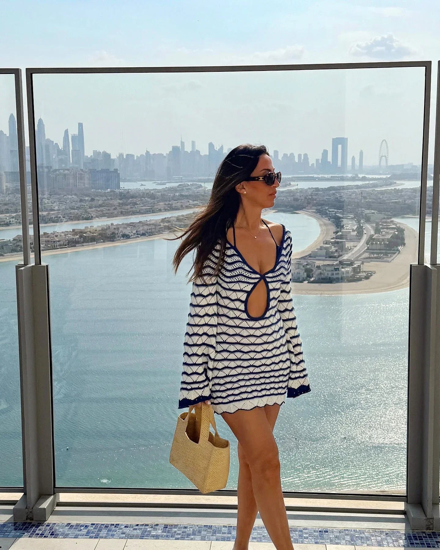 Boho Striped Chic V-neck Cut Out Bell Sleeve Knit Dress 2025 Summer Women Seaside Holiday Mini A-Line Dress K123